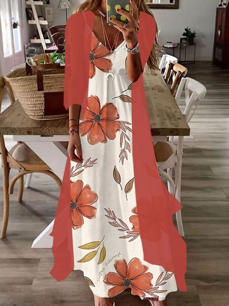 

Casual V neck Floral Sleeveless Two Piece Sets, Orange, Maxi Dresses