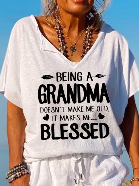 

Grandmother Letter Casual Short Sleeve Tops, White, T-shirts