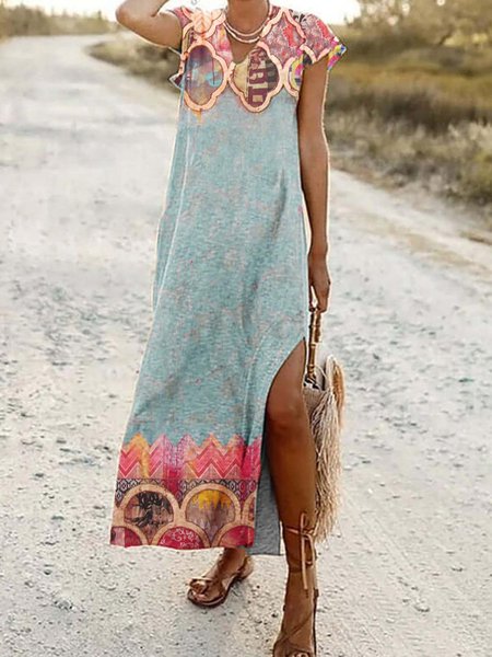 

Crew Neck Geometric Cotton Blends Short Sleeve Knit Dress, Multicolor, Dresses