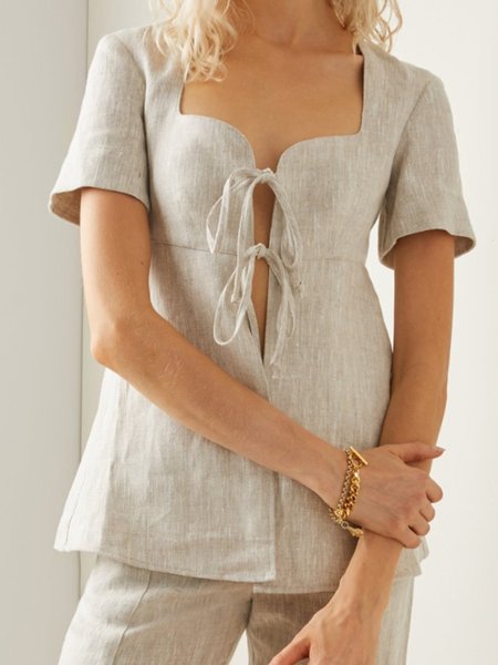 

Linen Solid Casual Short Sleeve Lace-up Top, Apricot, Tops
