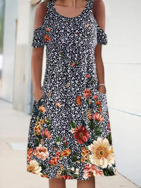 

Casual Floral Short Sleeve Knit Dress, Dark blue, Dresses