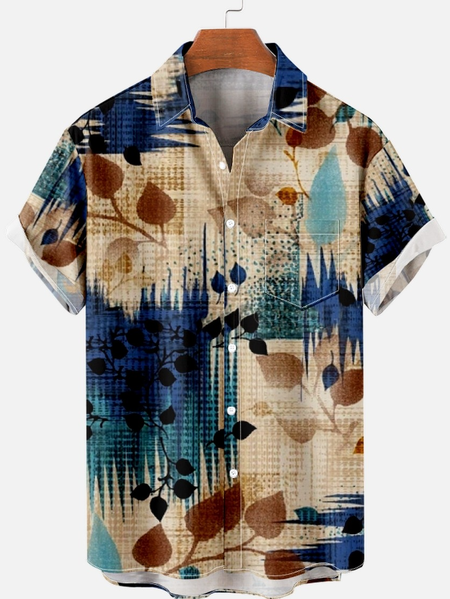 

Men's Casual Abstract Leaf Print Short Sleeve Shirt, As picture, Short Sleeves Shirts
