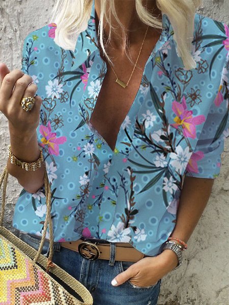 

Casual Shirt Collar Loosen Long Sleeve Blouse, Blue, Blouses & Shirts