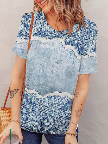 

Cotton Blends Casual Loosen Short Sleeve T-Shirt, Blue, Tees & T-shirts
