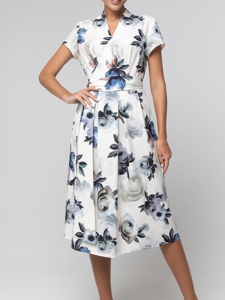 

Floral Short Sleeve Woven Dress, White, Midi Dresses
