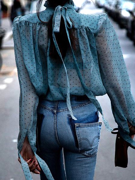 

Polka Dots Ruffle Collar Long Sleeve Blouse, Blue, Blouses and Shirts