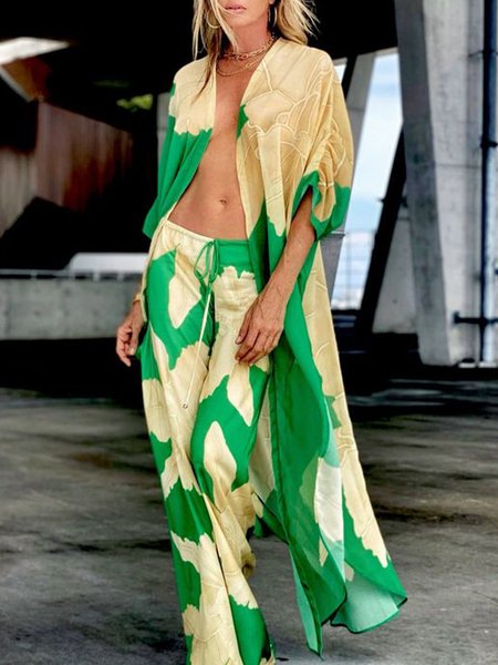 

Floral Collarless Loosen Vacation Long Cardigan, Green, Kimonos
