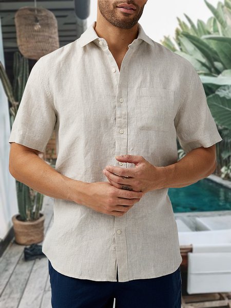 Men's Cotton Linen Style Short Sleeve Shirt, Khaki, Shirts ＆ Blouse