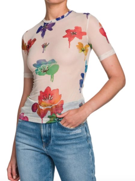 

Summer High Stretch Floral Crew Neck Short Sleeve Daily Tops, White, Tees