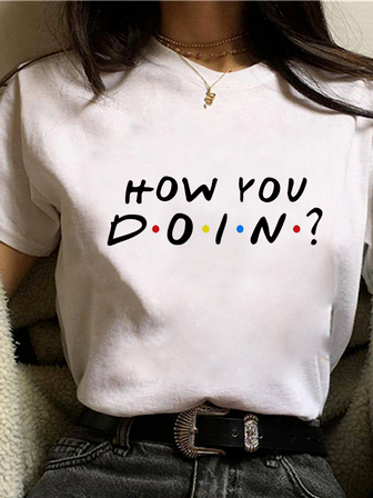 

Crew Neck Loosen Letter Short Sleeve Tops, White, T-Shirts