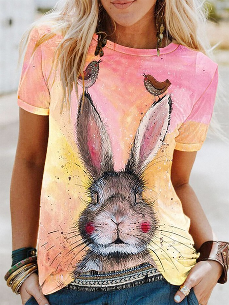 

Cute Bunny Print Casual Round Neck Short Sleeve T-Shirt, Pink, T-Shirts