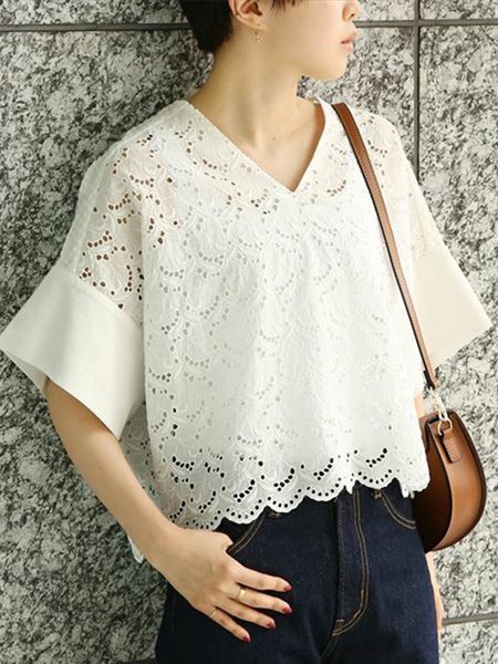 

Loosen Casual Solid V Neck Short Sleeve Top, White, Tops