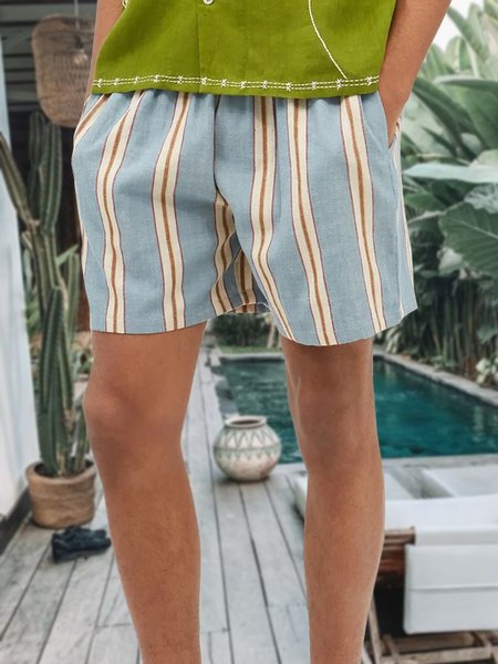 

Men's Cotton Linen Style Striped Print Casual Pants, Blue, Shorts