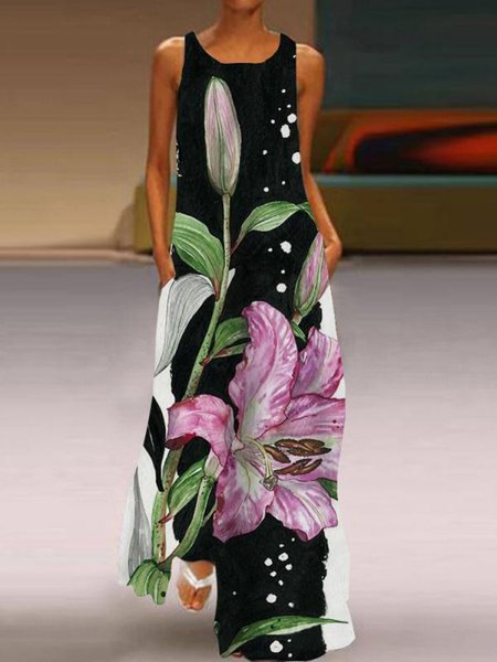 

Casual Floral Printed Short Sleeve Woven Dress, Black, Dresses
