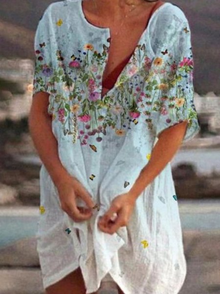 

Floral V Neck Loosen Short Sleeve Woven Dress, Multicolor, Dresses