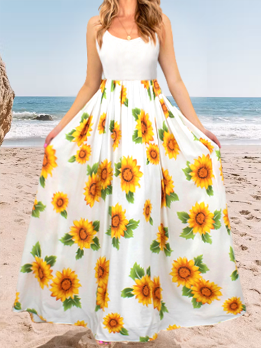 

sunflower print panelled resort beach dress Vacation Short Sleeve Knit Dress, Yellow, Dresses