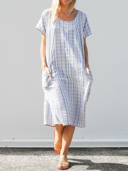 

Grid Casual Vacation Cotton Blends Short Sleeve Woven Dress, Blue, Midi Dresses