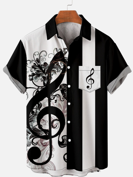 

Men's Casual Music Notes Bird Print Short Sleeve Shirt, Black-white, Short Sleeves Shirts