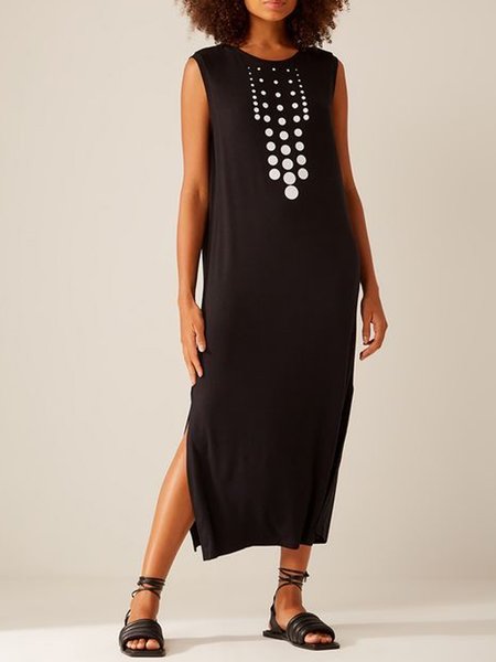 

Loosen Polka Dots Short Sleeve Knit Dress, Black, Maxi Dresses