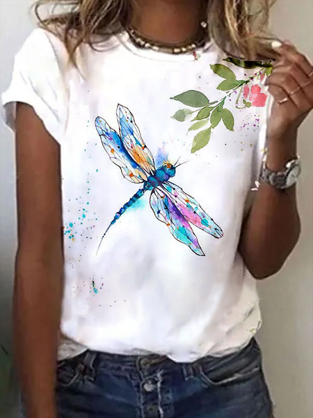 

Plus size Dragonfly Printed Casual Short Sleeve T-Shirt, White, T-Shirts
