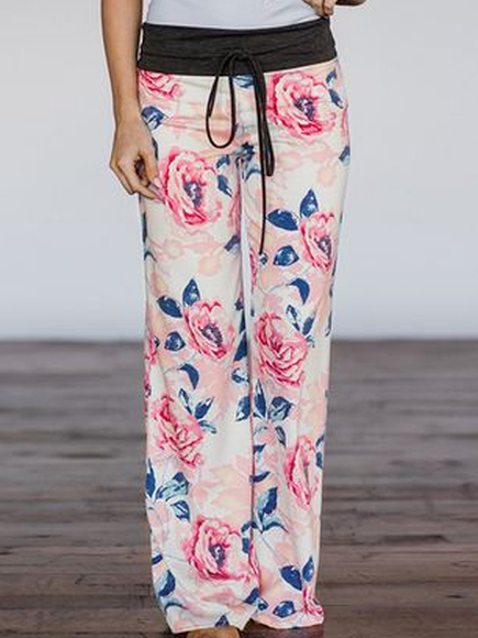 

casual Loosen Floral Pants Long, Red, Pants