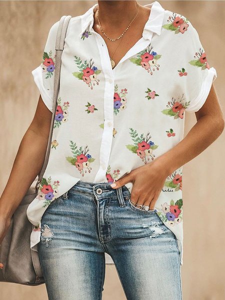

Floral Shirt Collar Short Sleeve Blouse, White, Blouses & Shirts