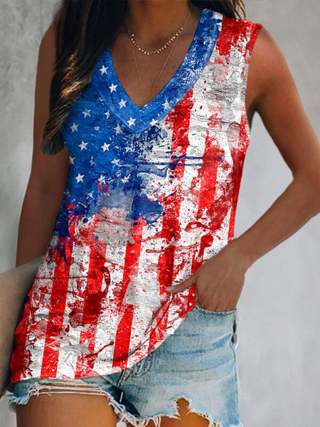 

Plus size Flag Printed V Neck Tank, Multicolor, Tank Top