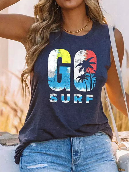 

Vacation Casual Go Surf Coconut Tree Regular Fit Sleeveless Tank, Navy blue, Tanks & Camis