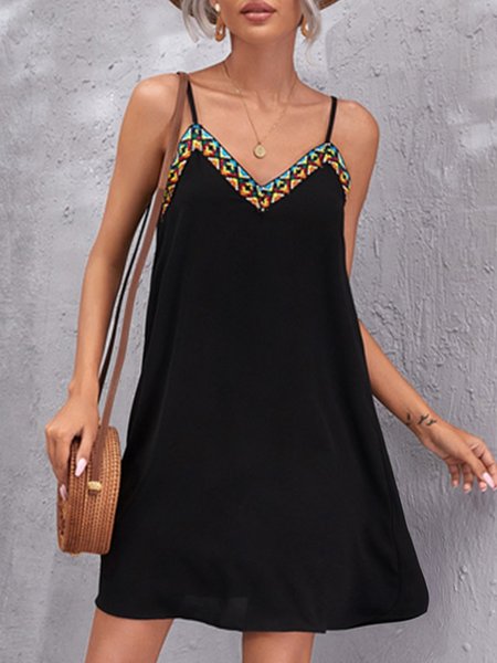 

Vacation Solid Sleeveless Woven Dresses, Black, Mini Dresses