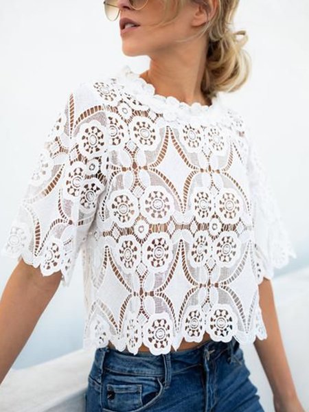 

Elegant Stand Collar Half Sleeve Solid Top, White, Tops