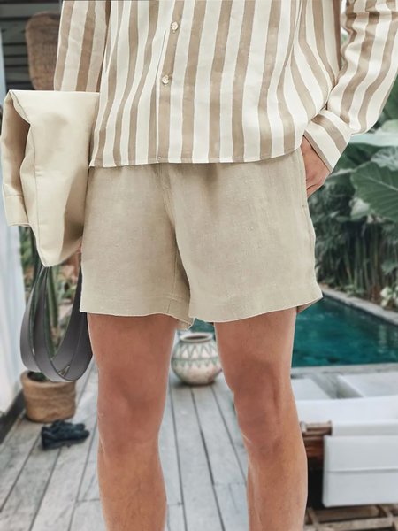 

Men's Cotton Linen Style Elastic Waist Casual Shorts, Brown, Shorts
