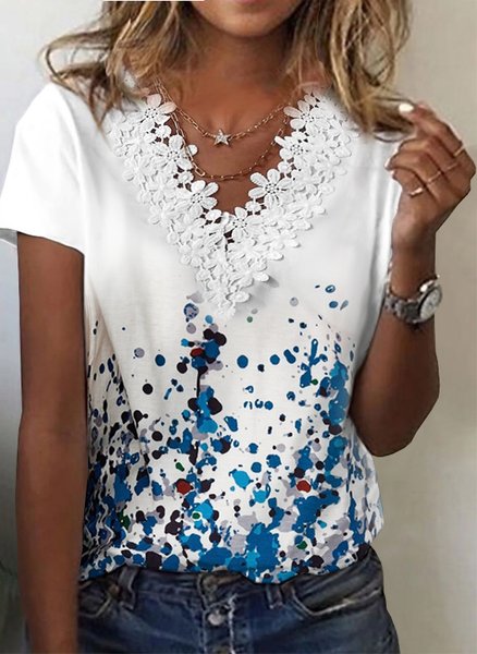 

Abstract Polka Dots Geometric Printed Casual Loosen V Neck Short Sleeve T-Shirt, White, T-Shirts