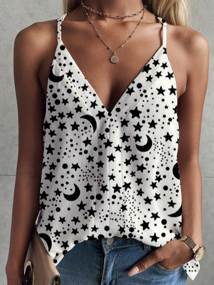 Star V Neck Vacation Women, White, Tanks & Camis