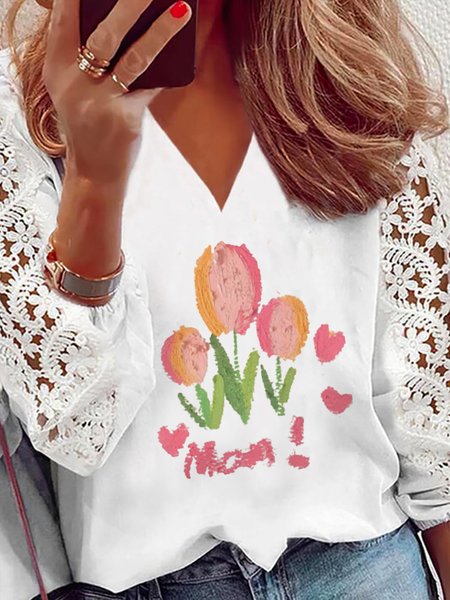 

Floral V Neck Vacation Short Sleeve Tops, White, Shirts & Blouses