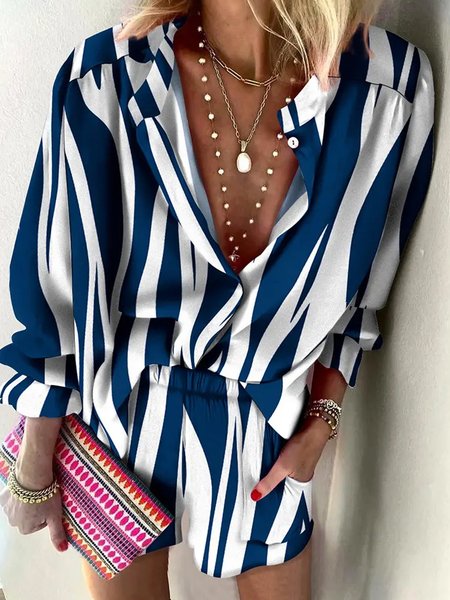 

Stand Collar Striped Two Piece Sets, Blue, Two-piece Outfits