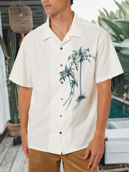 Cotton and linen-inspired botanical leaf print basic versatile linen shirt, As picture, Shirts ＆ Blouse
