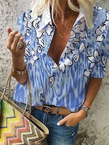 

Shirt Collar Casual Long Sleeve Blouse, Blue, Blouses & Shirts