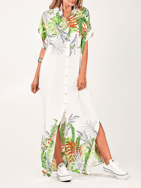 

Vacation Short Sleeve Woven Dress, White, Maxi Dresses