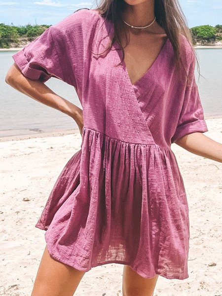 

Plain Casual Vacation Regular Fit Cotton Blends V Neck Short Sleeve Woven Dress, Purple, Mini Dresses