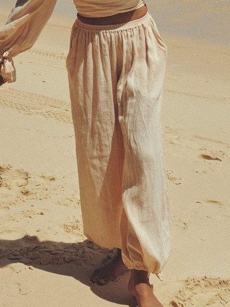 

Plain Casual Vacation Cotton Blends Regular Fit Plain Pants, Beige, Pants