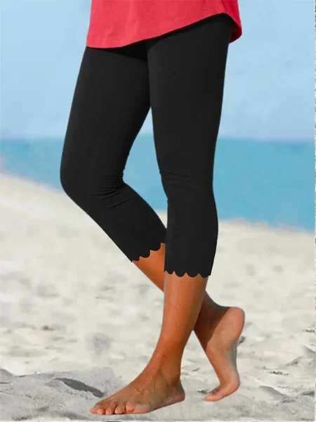 

Beach daily basic plain color patterned elastic waist high elastic burnt flower pants Plus Size, Black, Shorts