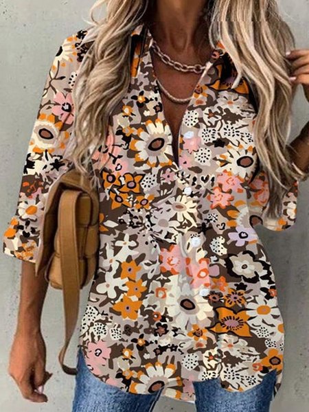 

Vacation Shirt Collar Floral Long Sleeve Blouse, Multicolor, Shirts & Blouses