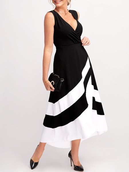 

V Neck Elegant Regular Fit Sleeveless Knitting Dress, Black-white, Midi Dresses