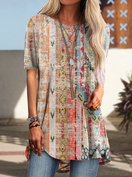 

Vacation Tribal Round Neck Short Sleeve T-Shirt, Multicolor, T-Shirts