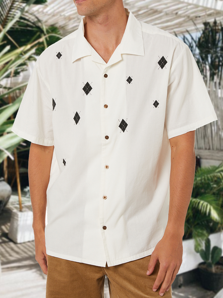

Cotton and Linen Style Ethnic Geometric Abstract Color Block Versatile Linen Shirt, As picture, Shirts ＆ Blouse