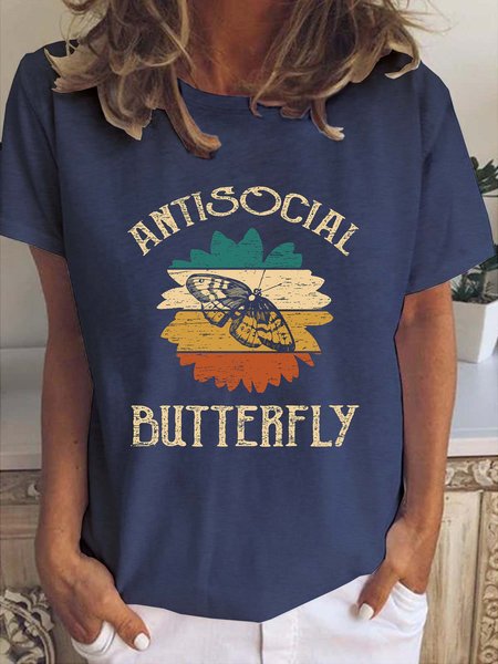 

Antisocial Butterfly Print Crew Neck T-shirt, Deep blue, T-shirts