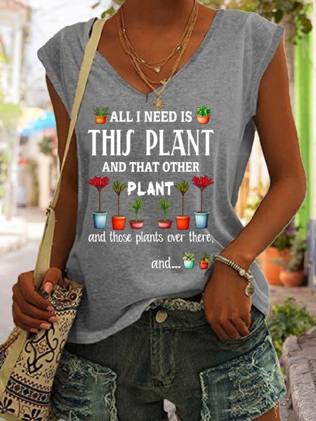 

All I Need Is This Plant And That Other Plant Plant Lover V Neck Knit Tank, Gray, Tank Tops