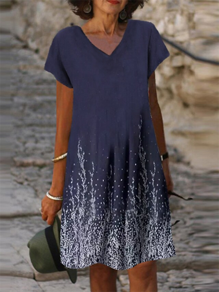 

Floral V neck Short Sleeve Casual Dress, Dark blue, Mini Dresses
