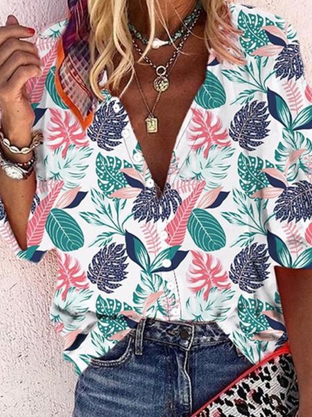

Vacation V Neck Floral Loosen Plants Long Sleeve Blouse, Multicolor, Shirts & Blouses