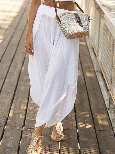 

Asymmetric Loosen Solid Pants, White, Pants